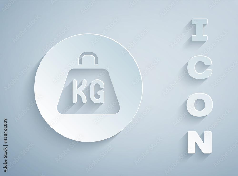 Paper cut Weight icon isolated on grey background. Kilogram weight block for weight lifting and scale. Mass symbol. Paper art style. Vector Paper cut Weight icon isolated on grey background. Kilogram weight block for weight lifting and scale. Mass symbol. Paper art style. Vector