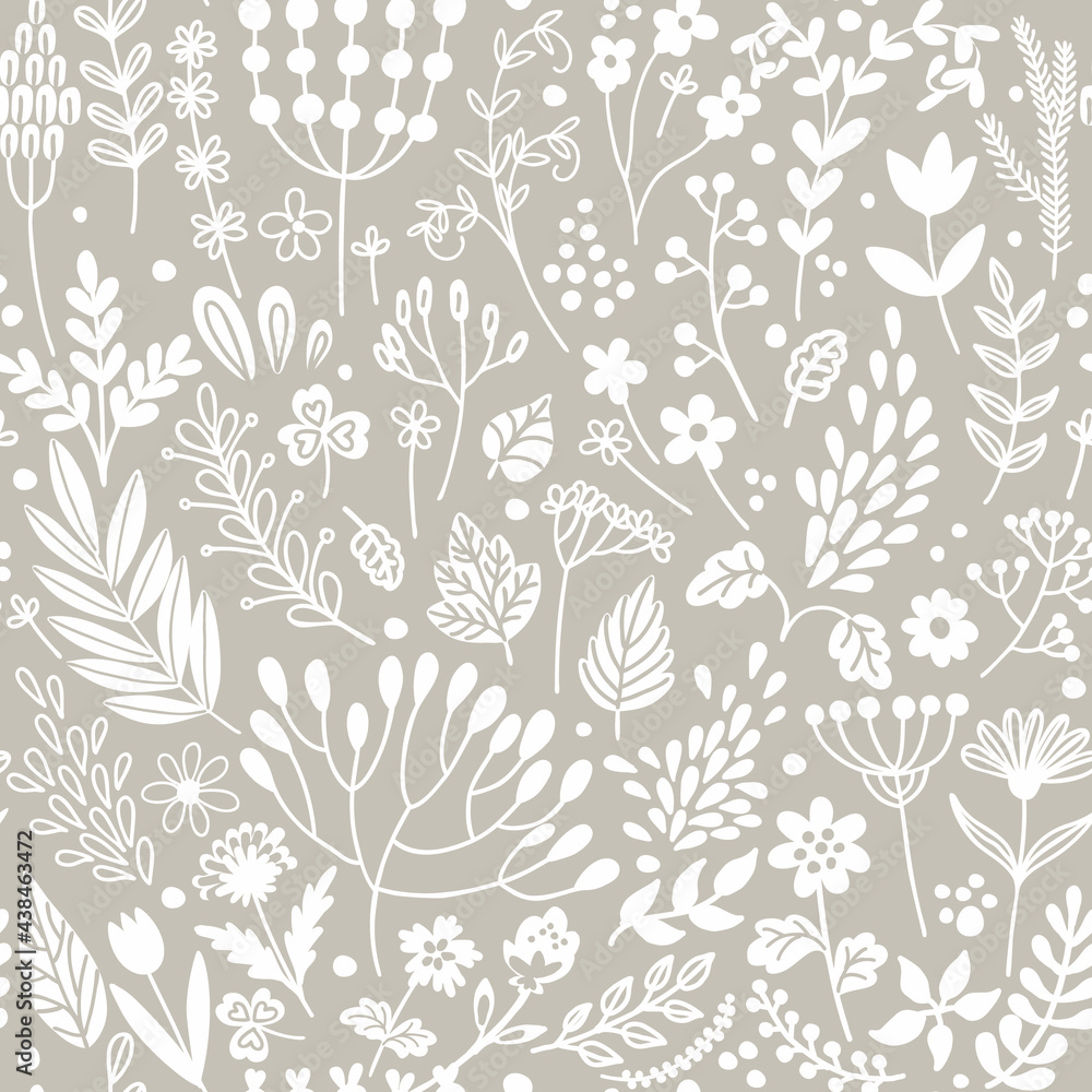 Floral seamless pattern. Silhouettes of flowers, leaves and berries on a beige background. Decorative print. Plant texture for fabric, wrapping, wallpaper and paper