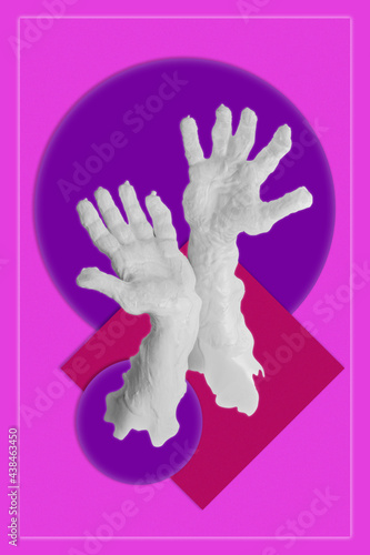 Human palms dipped in color paint. Painted hands. Liquid drips off fingers. Gesture. Contemporary art collage. Abstract surreal pop art style. Modern concept image. Zine culture. Funky minimalism.
