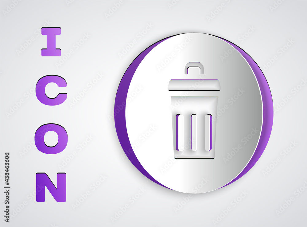 Paper cut Trash can icon isolated on grey background. Garbage bin sign. Recycle basket icon. Office trash icon. Paper art style. Vector