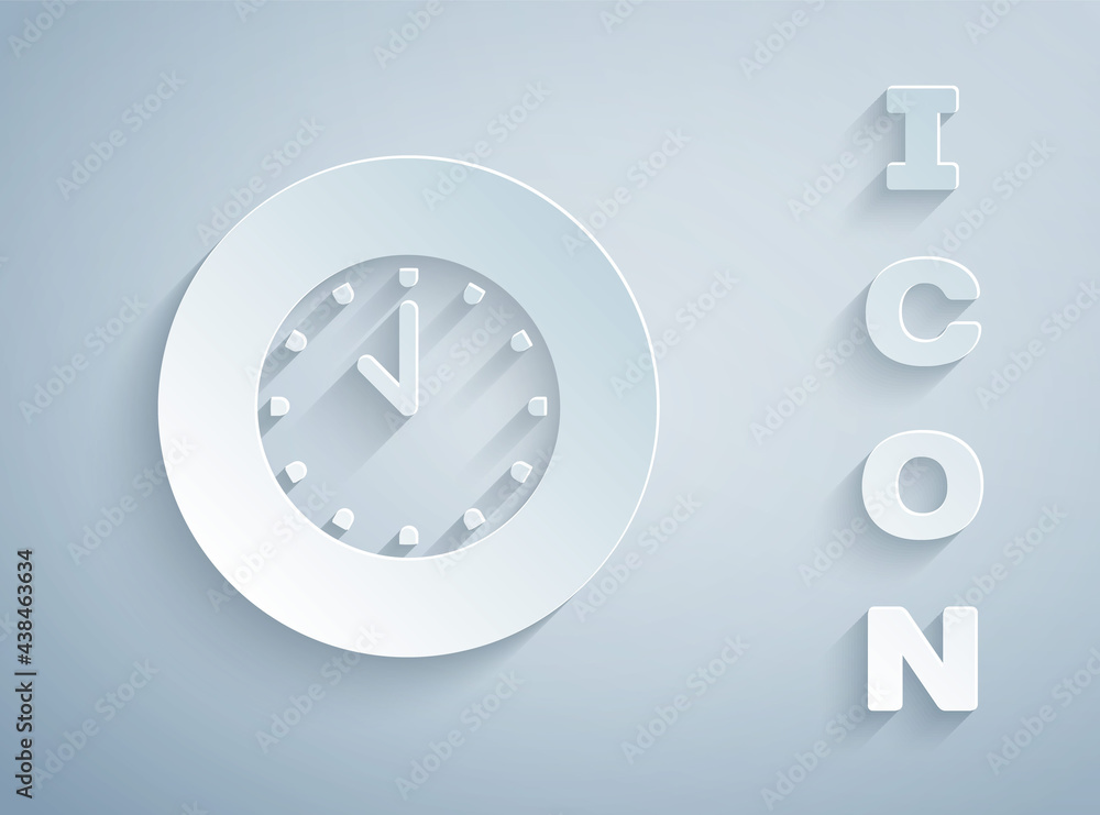 Paper cut Clock icon isolated on grey background. Time symbol. Paper art style. Vector