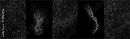 Set of distressed white grainy texture. Dust overlay textured. Grain noise particles. Snow effects pack. Rusted black background. Vector illustration, EPS 10.  