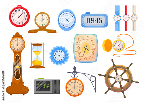 Vector set of mechanical, electronic, wrist watches, hourglass. Various clocks for time measurement cartoon illustration, timer device isolated on white background. Time concept.