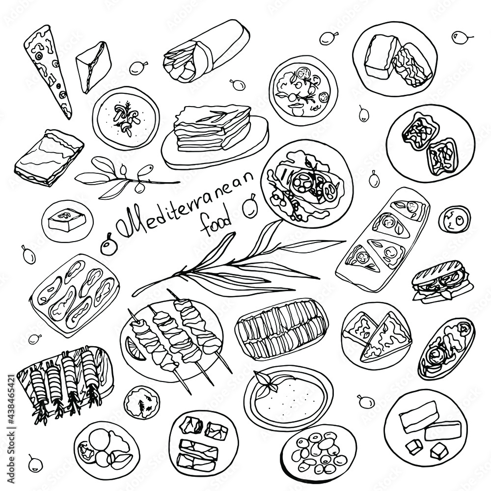 Doodle mediterranean food set.Food  theme.Hand drawn doodle set.