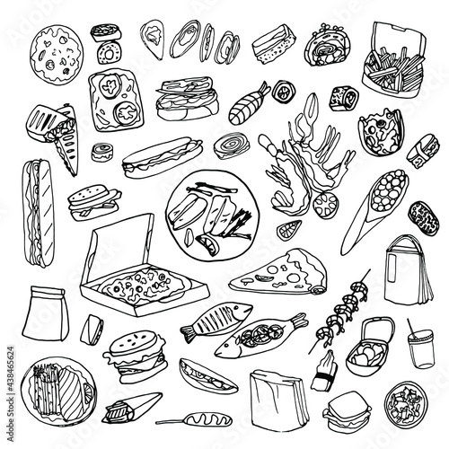Doodle fast food set.Food delivery theme.Hand drawn doodle set.