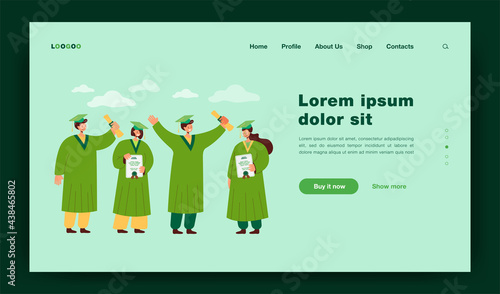 Happy graduated student standing and holding diplomas isolated flat vector illustration. Smiling guys and girls wearing academic gowns and graduation caps. College and university education concept