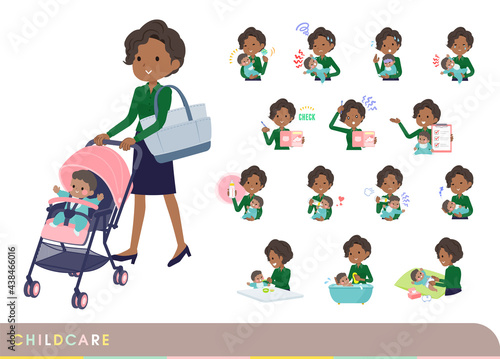 赤ちゃんのお世話をする黒人ビジネス女性のセット