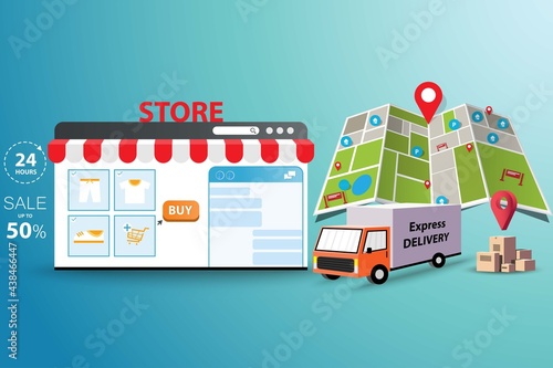 Concept of online and offline shopping, truck is ready to deliver the goods from the store to customers in the city that show in a big map and marker in perspective view.