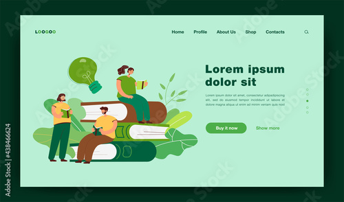 Happy tiny students reading books flat vector illustration. Cartoon bookworm people sitting or standing near big pile of books. Library and education concept