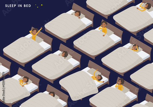 ベッドで眠る様々なポーズの黒人ビジネス女性のセット