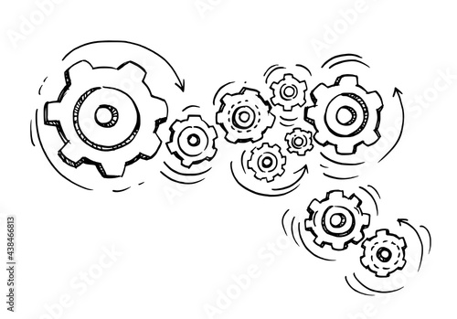 Doodle icon of gears. Technology,Drawn in black ink on white background