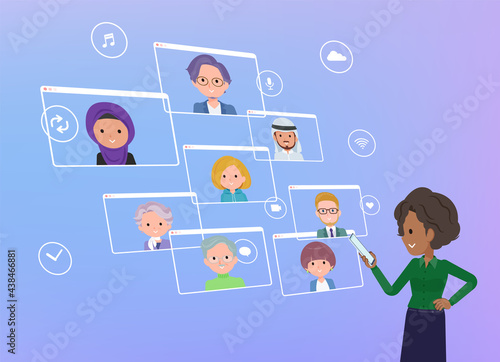 スマートフォンを使ってオンラインコミュニケーションをとっている黒人ビジネス女性のセット
