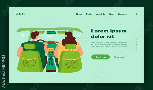 Back view of couple inside car isolated flat vector illustration. View from backseat. Cartoon driver driving and passenger sitting near him. Automobile interior and navigation concept