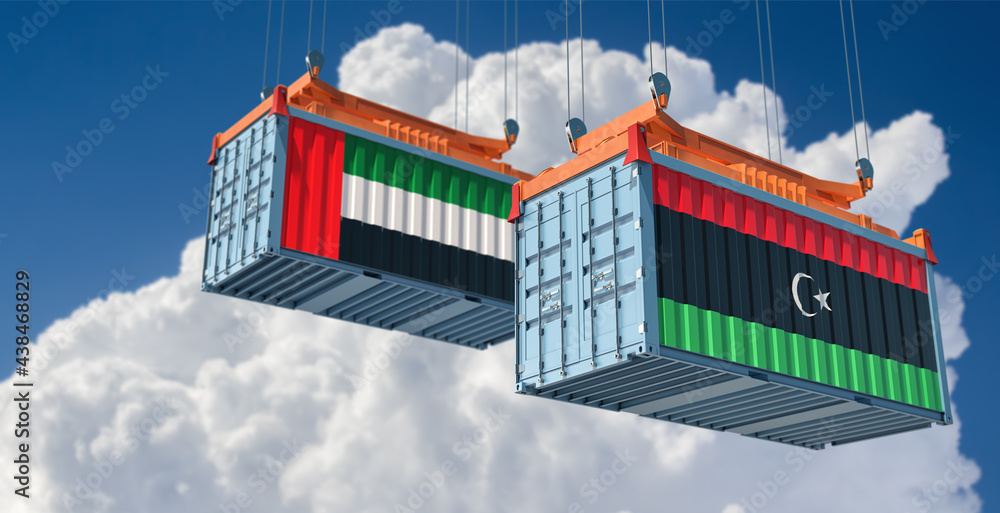 Two freight container with United Arab Emirates and Libya national flag. 3D Rendering