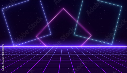 Retro Sci-Fi Background Futuristic Grid landscape of the 80s. Digital Cyber Surface. Suitable for design in the style of the 1980 s. 3D illustration