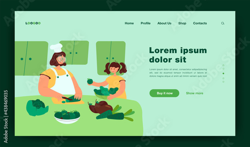 Happy mom and daughter kid cooking salad together in kitchen, cutting fresh vegetables for family lunch at home. Flat vector illustration healthy eating, organic food concept