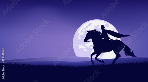 fairy tale hero prince or king  riding horse in wilderness against full moon - fantasy legend scene silhouette landscape vector design