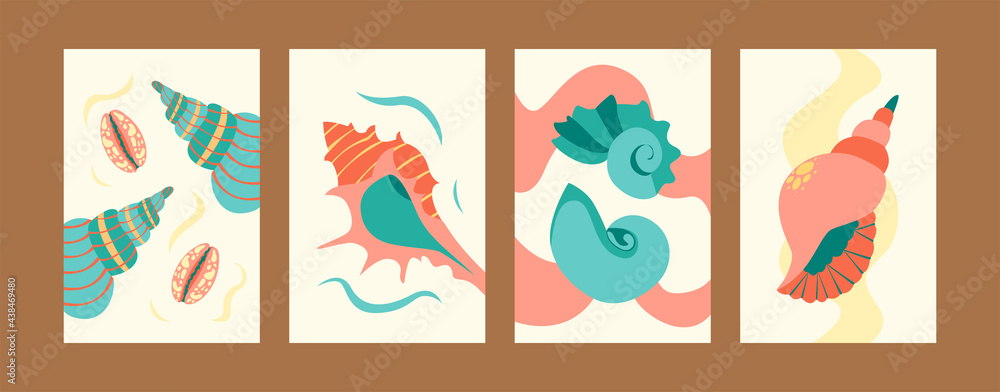 Illustration set for sea world concept in creative style. Seashore images set in pastel colors. Cute seashells on gentle background. Can be used for banners, website designs