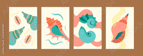 Illustration set for sea world concept in creative style. Seashore images set in pastel colors. Cute seashells on gentle background. Can be used for banners, website designs