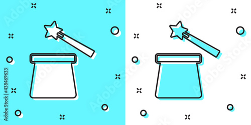 Black line Magic hat and wand icon isolated on green and white background. Magic trick. Mystery entertainment concept. Random dynamic shapes. Vector