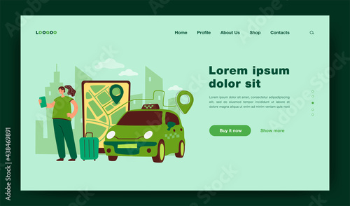 Person ordering cab to airport online. Big screen with route on city map, taxi car, passenger with luggage. Vector illustration for travel, transportation, transport service concept