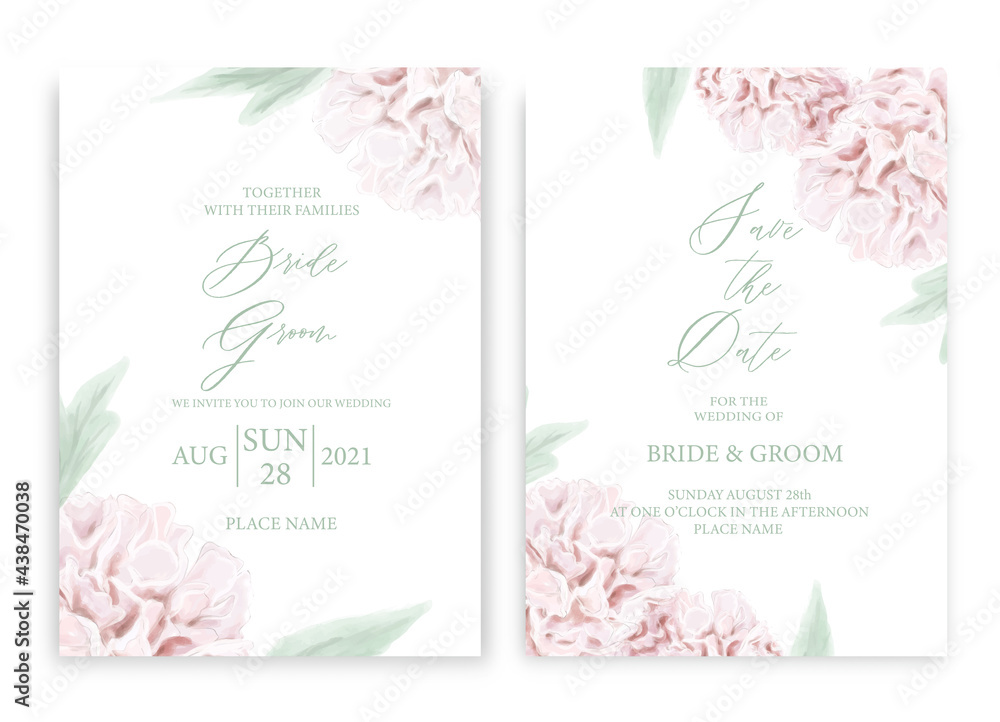 Floral wedding invitation card template design, with watercolor pink peony and green leaves. Pastel vintage theme.