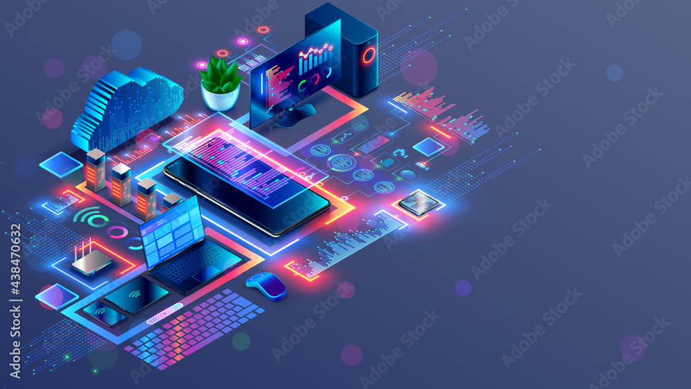 Programming and coding of program product or code. Workplace of computer software developers. Technology creating cross platform application. Modern Tech isometric conceptual illustration.