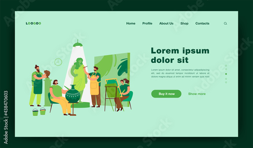 Artists and sculptors creating artworks in workshop or design studio. Creative people painting, sculpturing and drawing. Vector illustration in cartoon style for art community concept