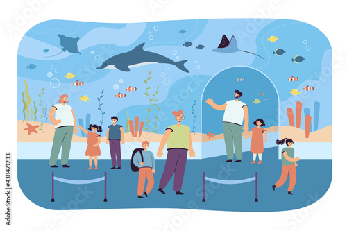 Children with parents in oceanarium. Flat vector illustration. Kids and adults walking in zoo and watching ocean fish in aquarium. Family, zoo, ocean, animal, nature concept for banner design