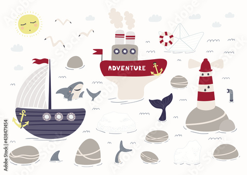 Sea, ocean landscape clipart, ships, rocks, lighthouse, shark, whale, isolated on white. Hand drawn vector illustration. Scene creator, elements set. Scandinavian style flat design. Kids print concept