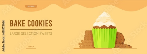 Vector illustration of a bakery banner. Delicious insulated cookie cupcake made by hand. Fresh and delicious baked goods on a beautiful marble brown background. Fresh bakery baking. 