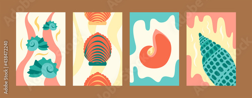 Illustration set for marine concept in creative style. Seashore images set in pastel colors. Cute seashells on gentle background. Can be used for banners, website designs