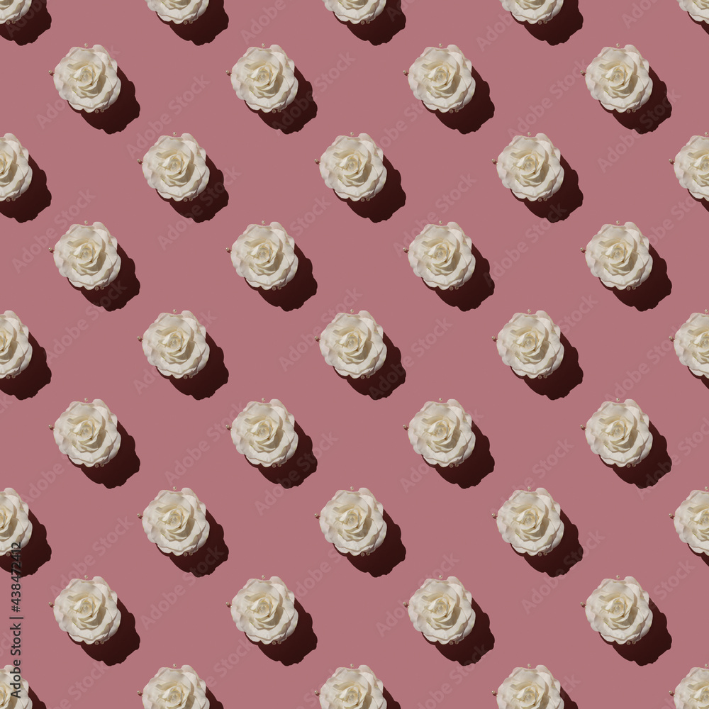 Seamless pattern with beige roses on a soft pink background with harsh lighting. Seamless pattern with beige roses on a soft pink background with harsh lighting.