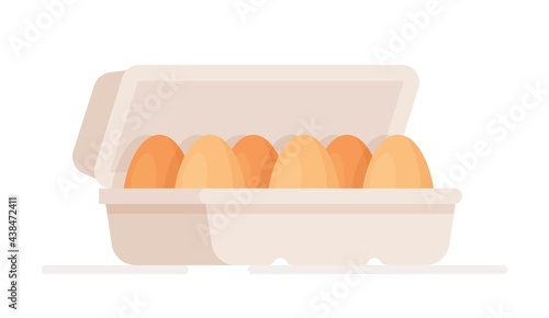 Vector illustration of a new egg tray. Fresh chicken eggs in a box. Banner of cardboard box with fresh eggs only from the store. 