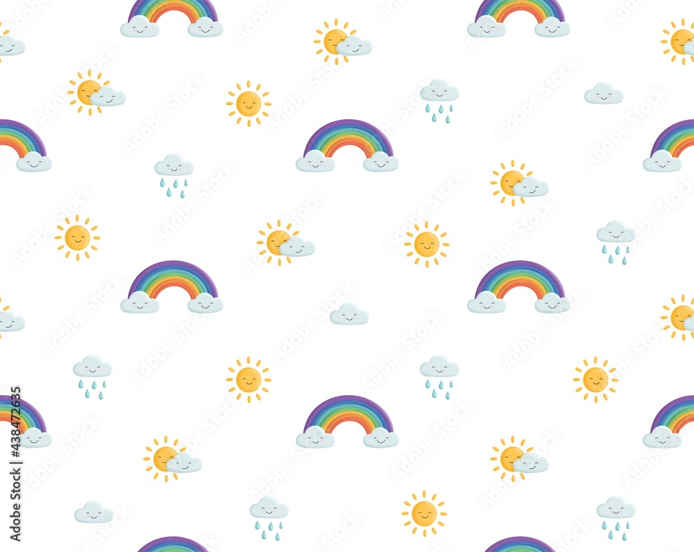 Funny weatherseamless pattern. Rainbow, sun, clouds. Funny weatherseamless pattern. Rainbow, sun, clouds.