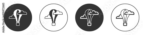 Black Hot air balloon icon isolated on white background. Air transport for travel. Circle button. Vector