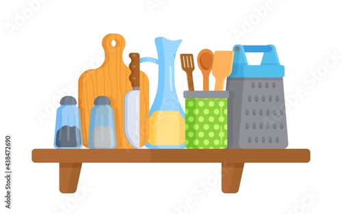 Shelf with condiments, grater, spatulas, knife, board and oil. Chef's kit. Vector illustration of an insulated kitchen shelf on a white background.