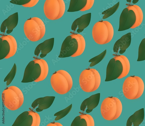 Apricot drawn seamless pattern. Fruit retro background. Summer print