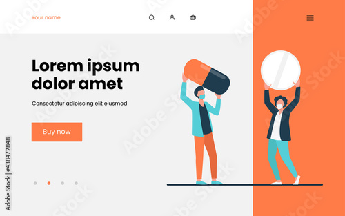 Two tiny guys in masks holding giant pills. Coronavirus, pandemic, drug flat vector illustration. Medicine and healthcare concept for banner, website design or landing web page