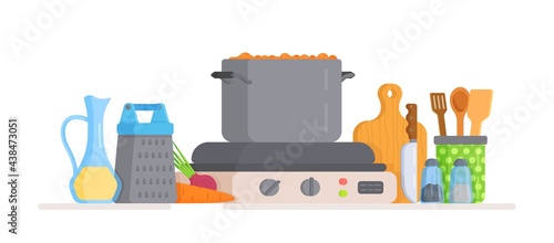 Vector illustration of cooking soup on sawdust. Kitchen counter with appliances and cooking utensils.