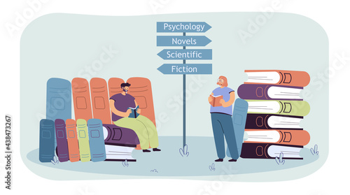 Tiny man and woman reading books of different genres. Male character sitting on huge books flat vector illustration. Bookshop, literature, education concept for banner, website design or landing page