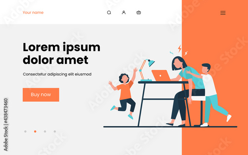 Tired mom working at laptop at home. Active kids bothering freelance mother flat vector illustration. Motherhood, lockdown, distance work concept for banner, website design or landing web page