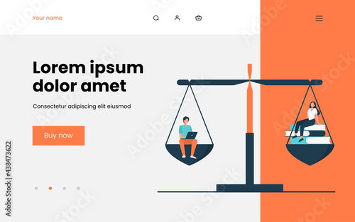 Online and offline learning comparison. Students with laptop or stack of books on balance scale. Flat vector illustration. Education concept for banner, website design or landing web page