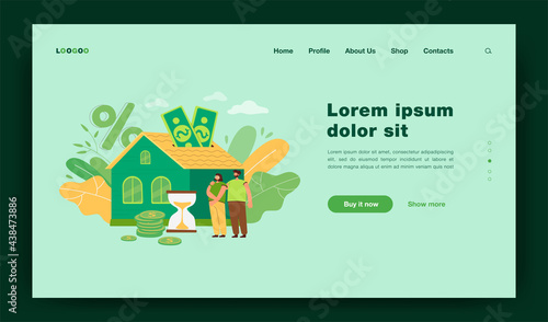 People buying home with mortgage loan flat vector illustration. Young couple paying credit to bank for being owners of private house property. Mortgage and rent concept for landing page or design