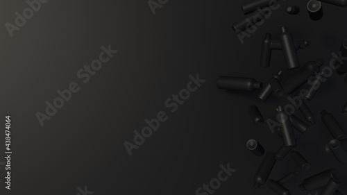 Black cosmetics bottles on black backround. Abstract 3d render illustration.