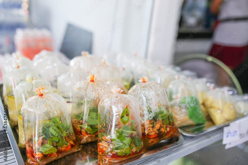 Food in plastic bags on street food of Thailand. Thai food ready to eat.  Stock-Foto | Adobe Stock