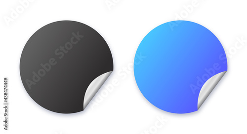 Sticker black and blue. Paper round stickers with peeling corners and shadow. Realistic paper sticker mockup with curved corner. Vector isolated