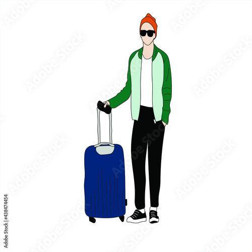 Vector illustration of Kpop street fashion. Street idols of Koreans. Kpop men's fashion idol. The guy in black trousers, sneakers and a green jacket with a suitcase is traveling.