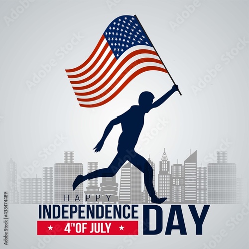 silhouette man with the American flag running towards the dream. 4th of July greeting card and lettering text Happy Independence day .vector illustration design