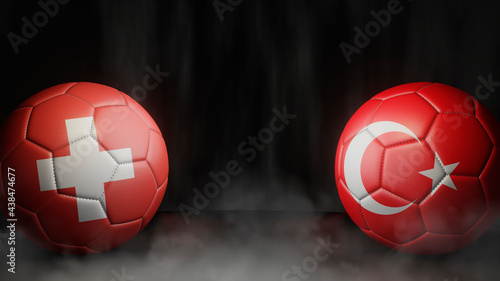 Two soccer balls in flags colors on a black abstract background. Switzerland and Turkey. 3d image